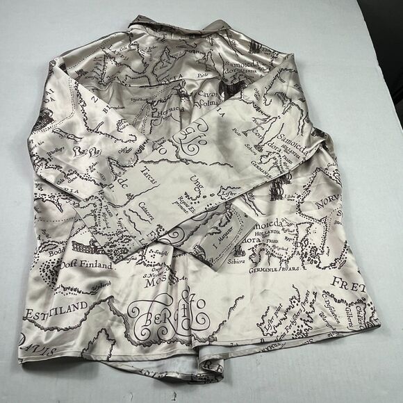Cider Satin Map Print Shirt Collared Button Down Long Sleeve Silky Travel 2XL - Picture 9 of 10